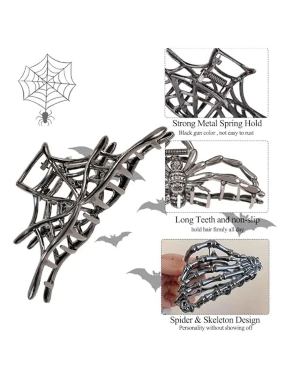 3PC Black Skull Skeleton Hand Hair Claw Clips